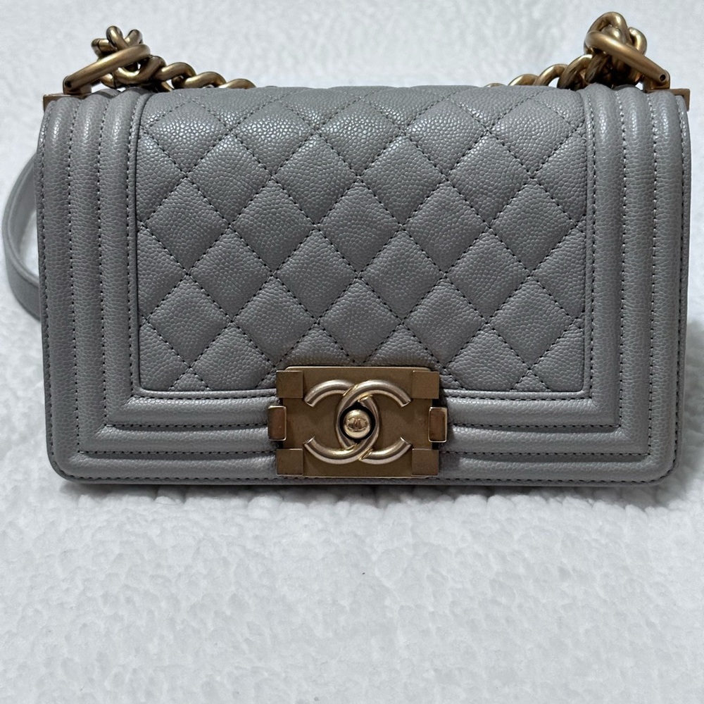 Authentic Chanel Le Boy bag Small Series 25 Light Gray with brush gold hardware
